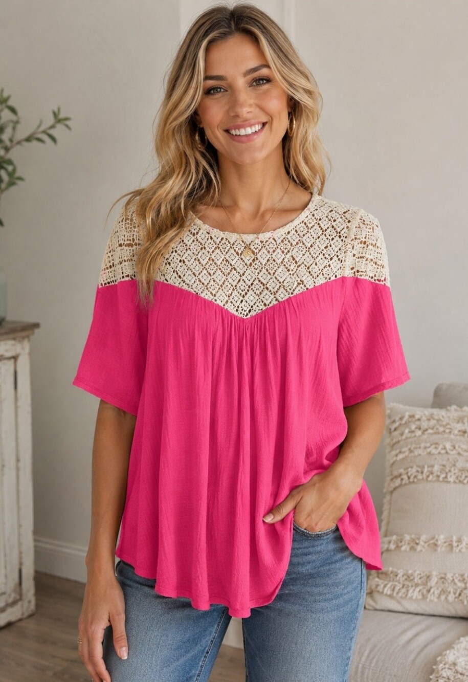 Umgee Pink Blouse with Cream Crochet Yoke